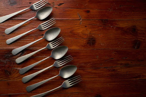 Background Old Spoons Forks Rustic Wood — Stock Photo, Image