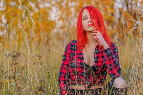 美しい若い女性が草の上に座っている 秋の日 ストック写真