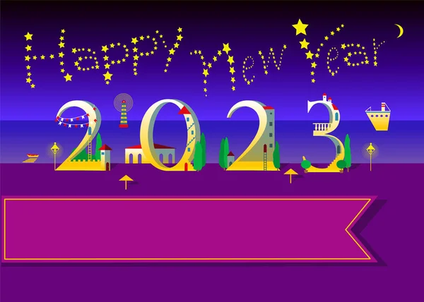 Happy New Year 2023 Yellow Text Stars Sky Number White — Image vectorielle