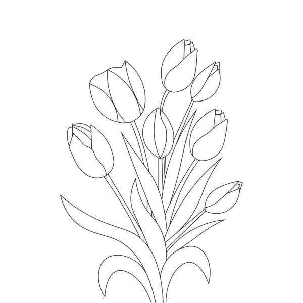 Halaman Mewarnai Garis Bunga Tulip Gambar Desain Hitam Pada Latar - Stok Vektor