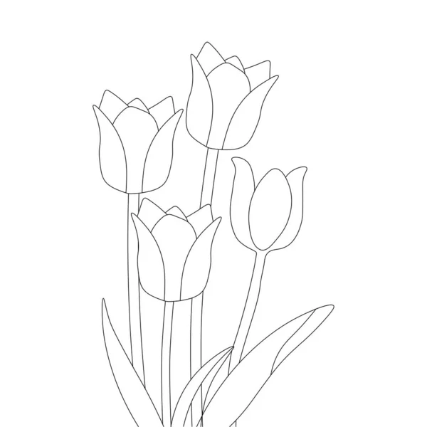 Kids Coloring Page Tulip Flower Drawing Black White Stroke Sketch — 스톡 벡터
