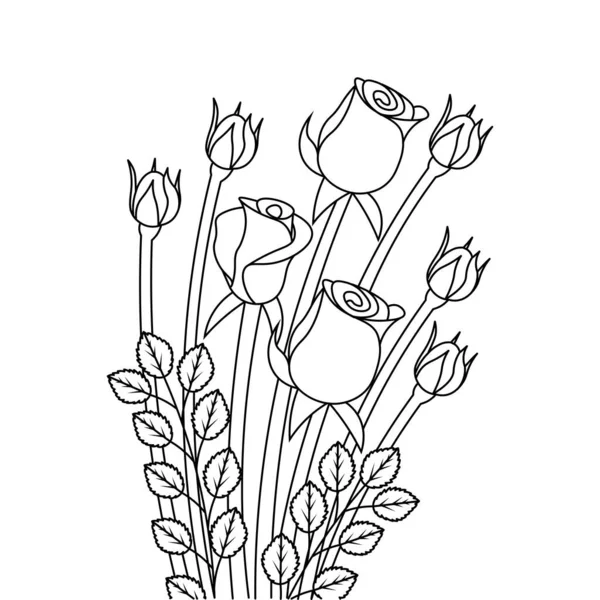 Rose Flower Blossom Rose Bud Leaves Coloring Page Kid Adult — ストックベクタ