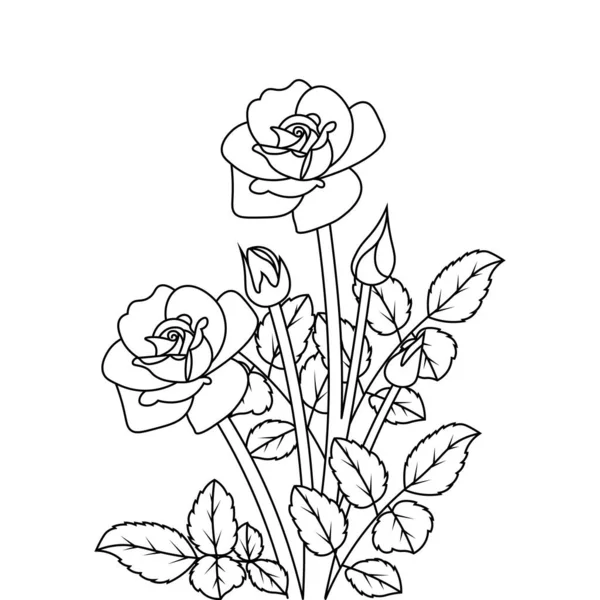 Rose Flower Stylish Trendy Vector Line Art Coloring Page Leaves — ストックベクタ