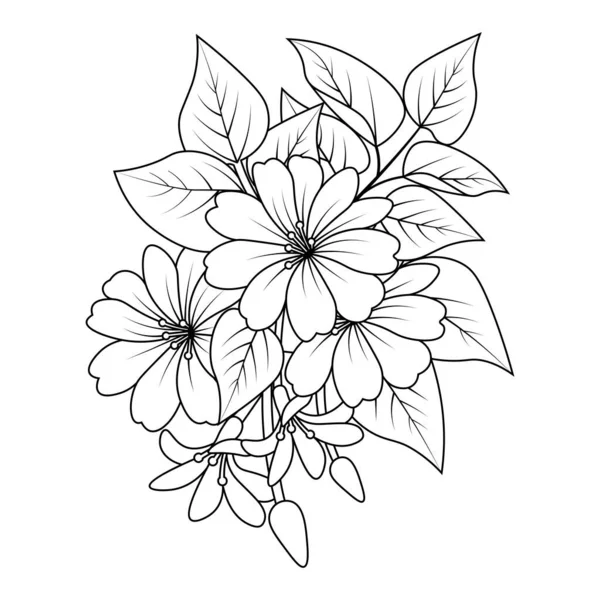 Flower Coloring Page Black White Outline Clipart Printing Element — 스톡 벡터