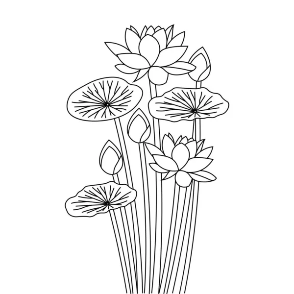 Blossom Water Lily Continuous Line Drawing Coloring Book Page Detailed — Stok Vektör
