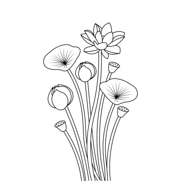 Lotus Fleur Pétale Avec Feuille Coloriage Page Pour Enfants Élément — Image vectorielle