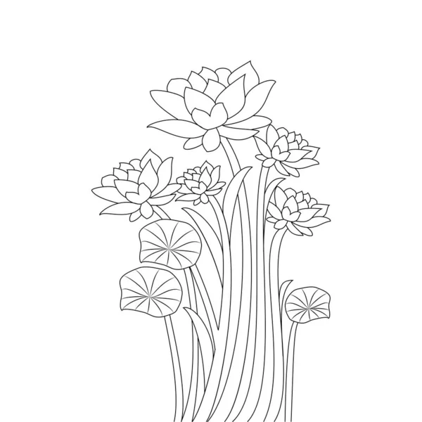 Waterlily Pond Blooming Petal Leaves Line Art Illustration Coloring Page — Stock vektor