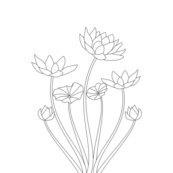 Water Lily Flower Line Drawing Pencil Art Coloring Page Kids — Vetor de Stock