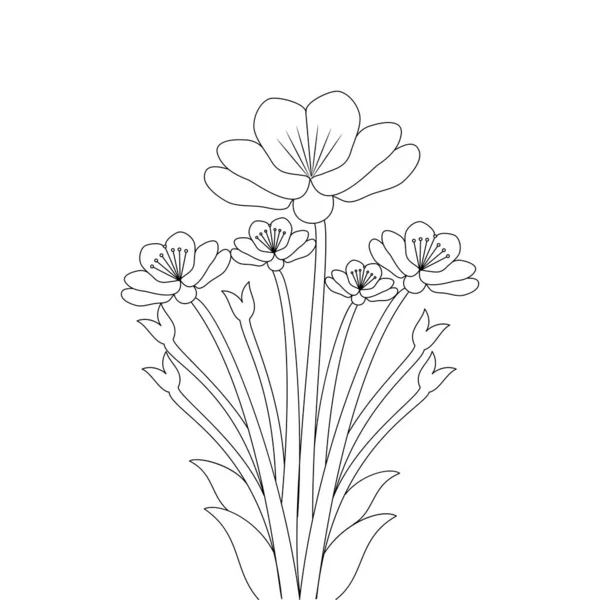 Taze Çiçek Açan Siyah Beyaz Çizgi Baskı Sanatsal Dokunuşları Renklendirmeye — Stok Vektör