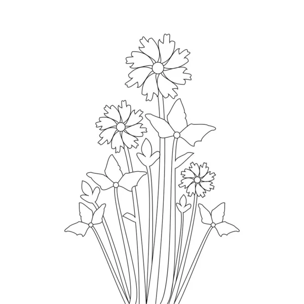 Flower Hand Drawn Coloring Page Template Print Artwork Blooming Petal — Stok Vektör