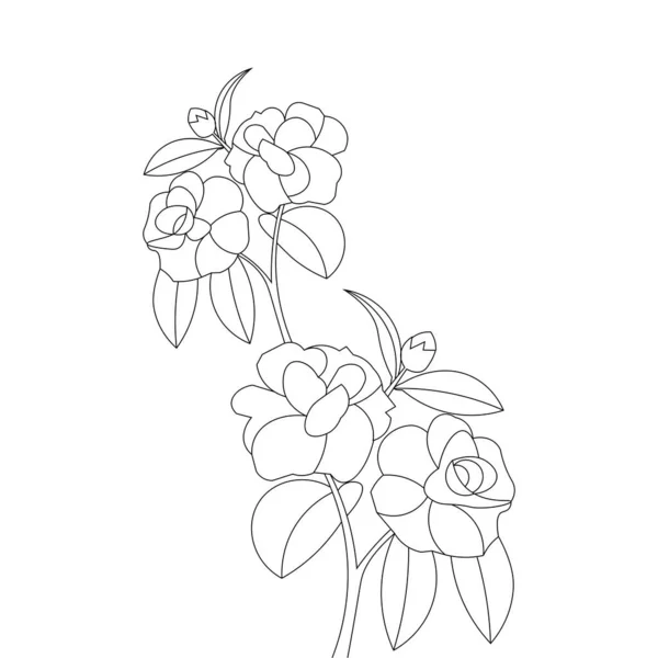 Blume Zweigumrandung Malseite Mit Blättern Konturenzeichnung — Stockvektor