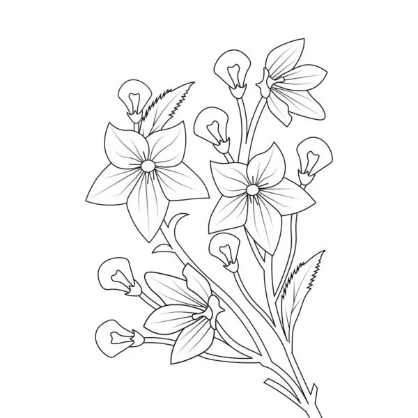 Balloon Flower Coloring Page Line Art Blooming Petals Leaves Illustration — Vector de stock