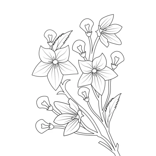 Balloon Flower Coloring Page Line Art Blooming Petals Leaves Illustration — Vetor de Stock