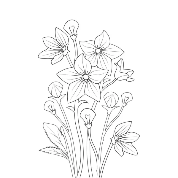 Balloon Flower Coloring Page Line Art Blooming Petals Leaves Illustration — ストックベクタ
