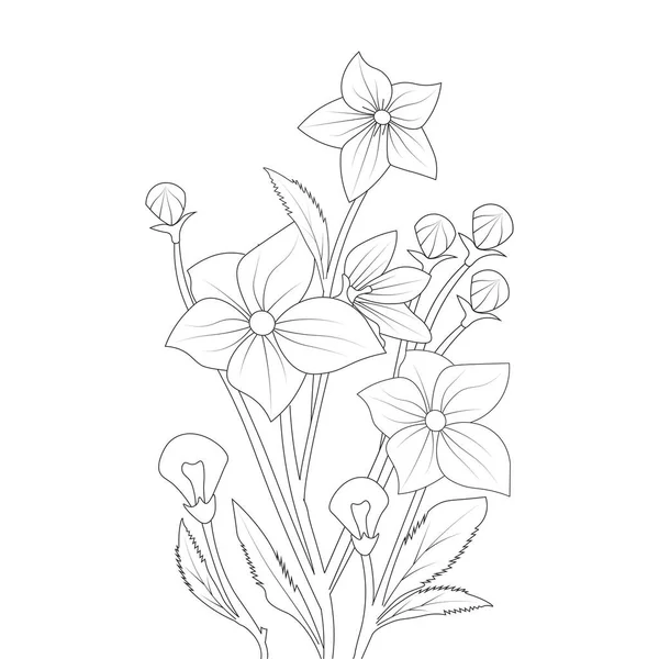 Balloon Flower Coloring Page Line Art Blooming Petals Leaves Illustration — Image vectorielle