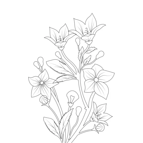 Balloon Flower Coloring Page Line Art Blooming Petals Leaves Illustration — Stockvector