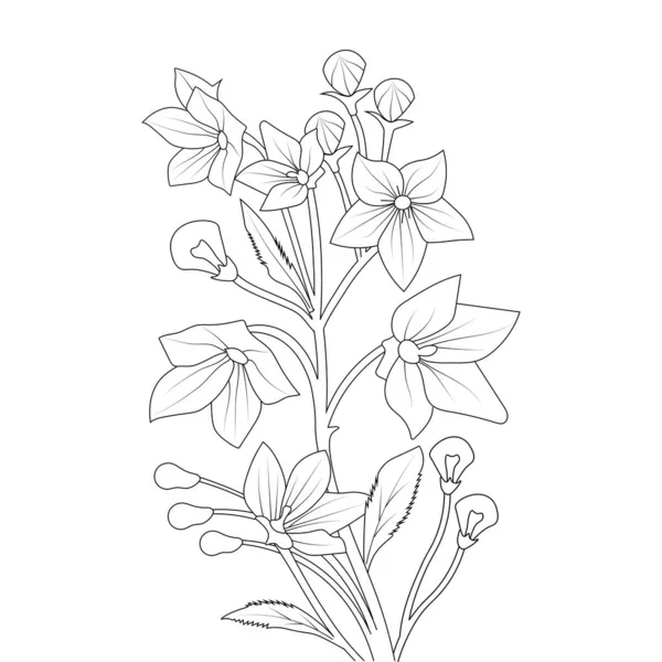 Balloon Flower Coloring Page Line Art Blooming Petals Leaves Illustration — Vector de stock