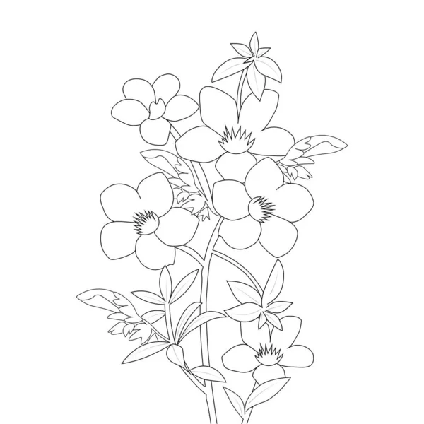 Allamanda Flower Coloring Page Line Art Blooming Petals Leaves Illustration — Stock vektor
