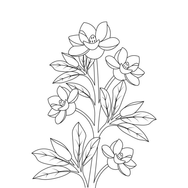 Blooming Flower Print Template Coloring Page Line Art Design Illustration — Stock Vector