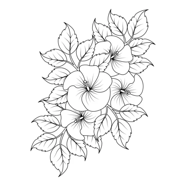 Hibiscus Fleur Coloriage Illustration Avec Trait Art Ligne Noir Blanc — Image vectorielle