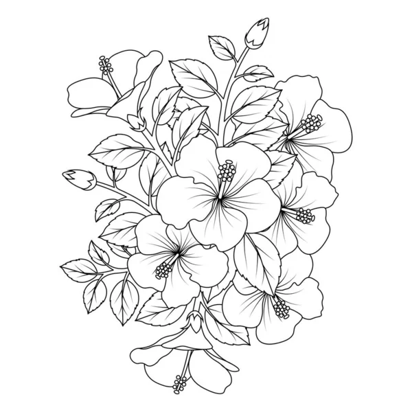 Hibiscus Flower Coloring Page Illustration Line Art Stroke Black White — Image vectorielle