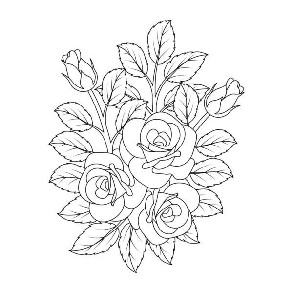 Rose Fleur Ligne Art Illustration Conception Coloriage Noir Blanc — Image vectorielle