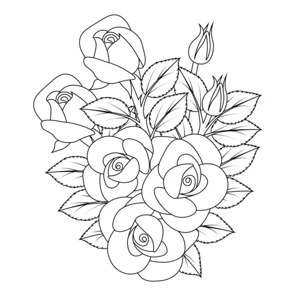 Roses Rouges Fleur Ligne Art Coloriage Dessin Monochrome Croquis Conception — Image vectorielle