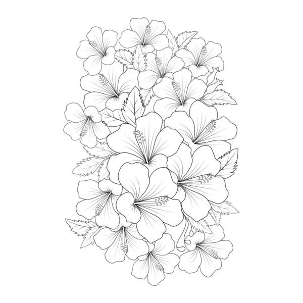 Doodle Common Hibiscus Flower Line Arte Colorazione Libro Pagina Grafica — Vettoriale Stock