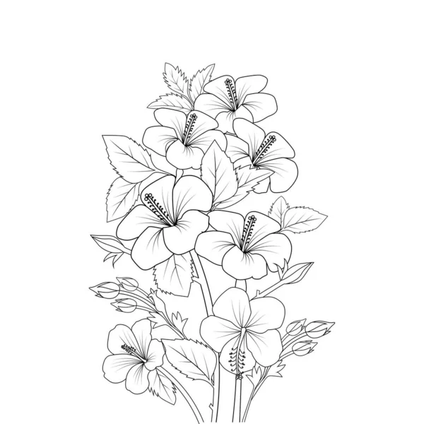 Doodle Common Hibiscus Flower Line Art Coloring Book Page Vector — Vector de stock