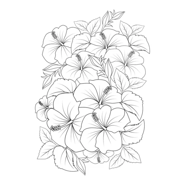 Hibiscus Rouge Fleur Coloriage Ligne Dessin Avec Modèle Impression Pour — Image vectorielle