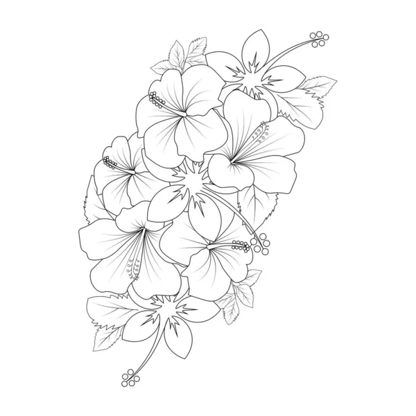 Hibiscus Rouge Fleur Coloriage Ligne Dessin Avec Modèle Impression Pour — Image vectorielle