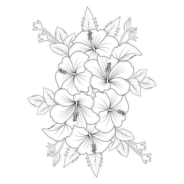 Red Hibiscus Flower Coloring Page Line Drawing Print Template Kid — 图库矢量图片