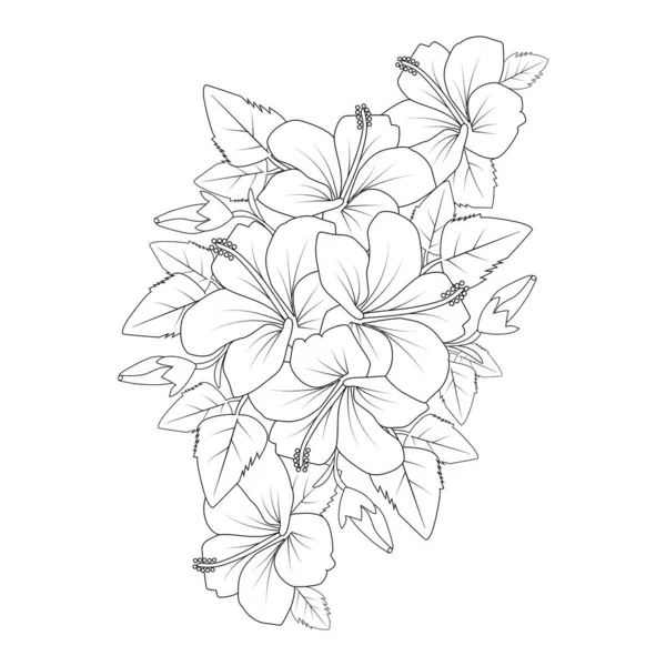 Red Hibiscus Flower Coloring Page Line Drawing Print Template Kid — Vetor de Stock