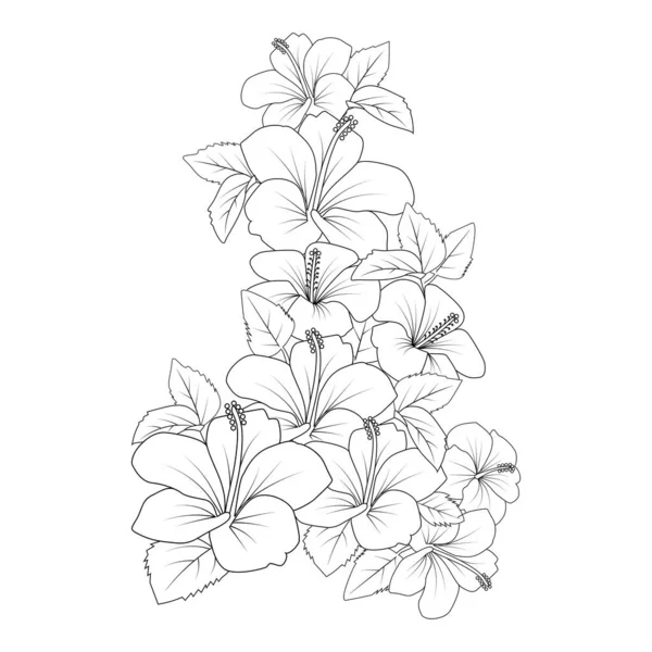 Jaune Hibiscus Fleur Coloriage Ligne Dessin Avec Modèle Impression Pour — Image vectorielle