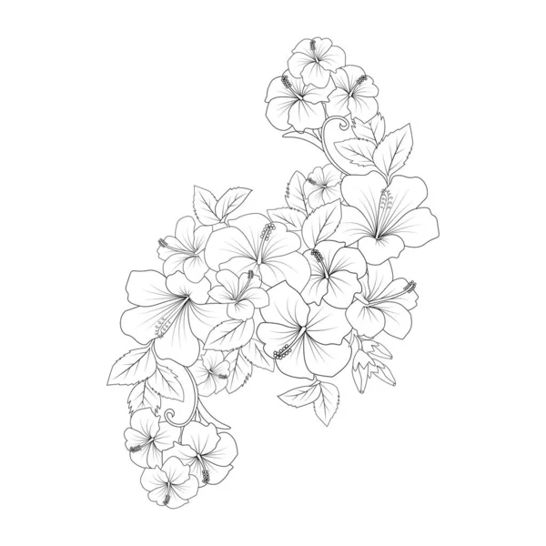 Yellow Hibiscus Flower Coloring Page Line Drawing Print Template Kid — 스톡 벡터