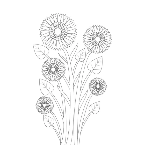 Sunflower Line Art Design Print Template Blooming Coloring Book Page — Διανυσματικό Αρχείο