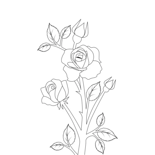 Black Line Art Rose Flower Coloring Page Template Kids Educational —  Vetores de Stock