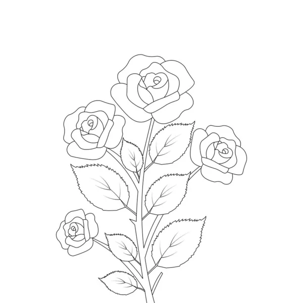 Black Line Art Rose Flower Coloring Page Template Kids Educational — 图库矢量图片