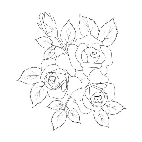 Black Line Art Rose Flower Coloring Page Template Kids Educational — ストックベクタ