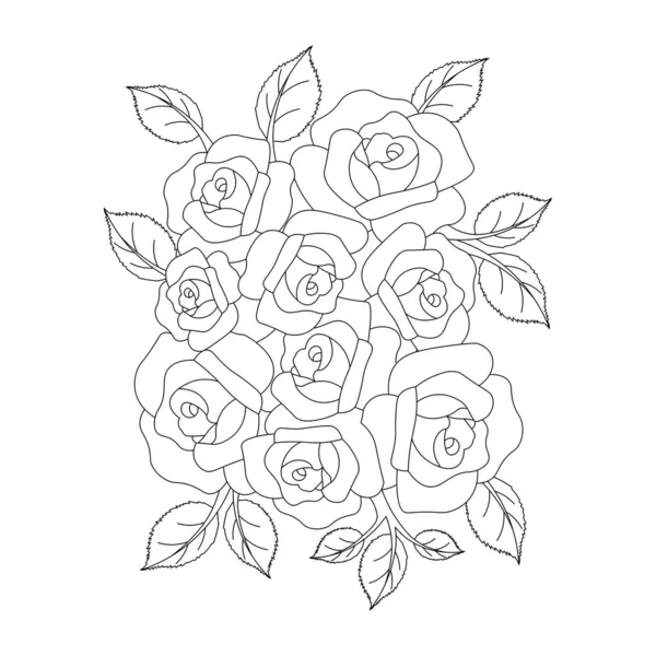 Black Line Art Rose Flower Coloring Page Template Kids Educational — Image vectorielle
