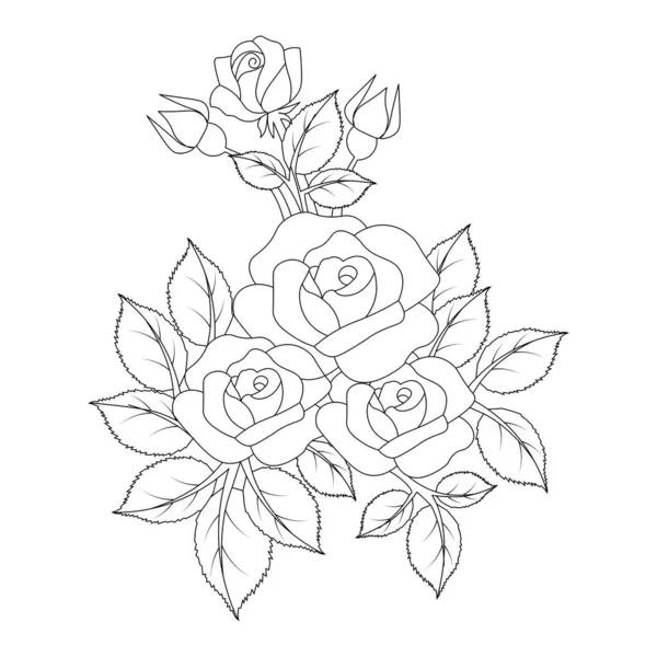Black Line Art Rose Flower Coloring Page Template Kids Educational — ストックベクタ