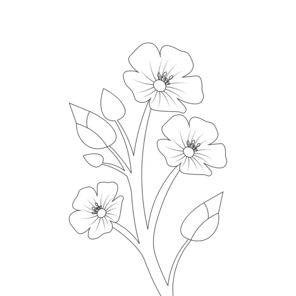 Blooming Petal Flower Branch Coloring Book Page Element Kids Drawing — Stock Vector