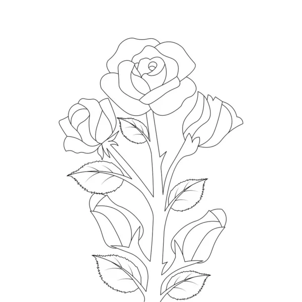 Black White Rose Flower Coloring Book Page Illustration Artwork Print — Vector de stock