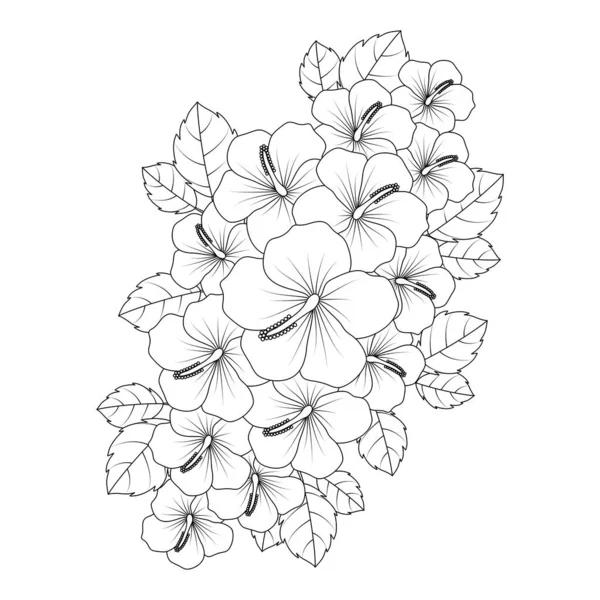 China Rose Flower Petal Blooming Leaves Doodle Line Art Coloring — 스톡 벡터