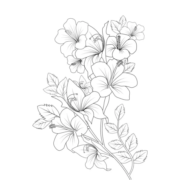 China Rose Flower Doodle Coloring Page Illustration Line Art Stroke — ストックベクタ