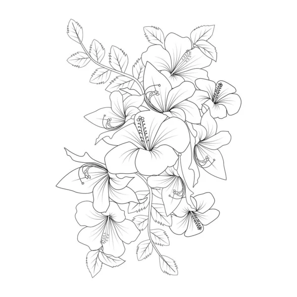 China Rose Flower Doodle Coloring Page Illustration Line Art Stroke — ストックベクタ