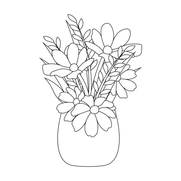 Flower Pot Line Art Drawing Flower Coloring Page Leaves — Stok Vektör