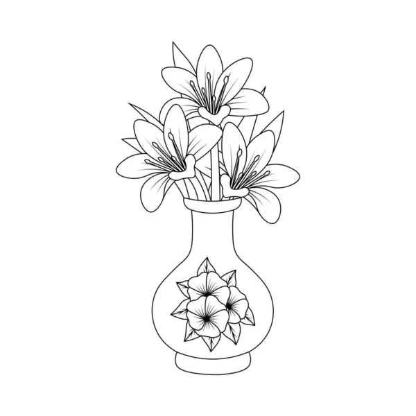 Flower Vase Line Art Drawing Flower Coloring Page Leaves — ストックベクタ
