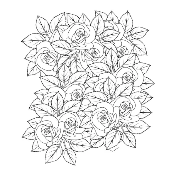 Decorative Black White Doodle Rose Flower Coloring Page Drawing Isolated — ストックベクタ