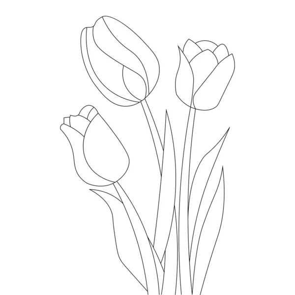Tulip Flower Line Art Coloring Page Kid Drawing Black Stroke — 스톡 벡터